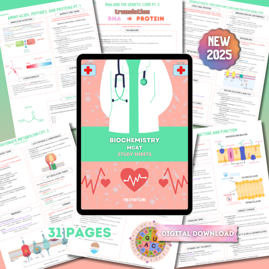 MCAT Biochemistry Study Guide | 31 Pages | Study Cheat Sheets | Pre-Med | Digital Download